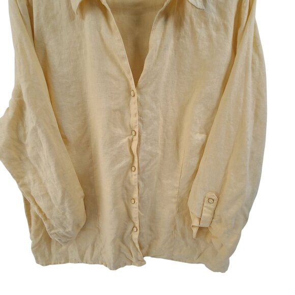 JM Collection Button Front Roll Tab Sleeve Shirt Linen Coastal Yellow Size 18W - Picture 2 of 8